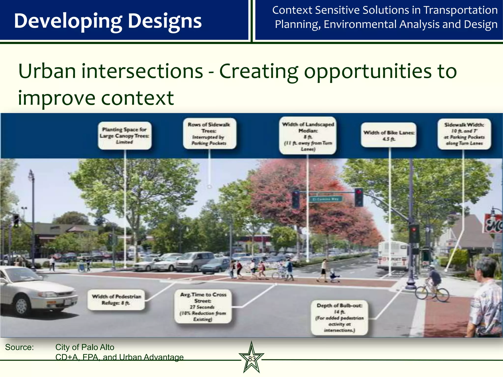 Context Sensitive Solutions in Transportation
  Developing Designs                            Planning, Environmental Analysis and Design



   Urban intersections - Creating opportunities to
   improve context




Source:   City of Palo Alto
          CD+A, FPA, and Urban Advantage   83
 