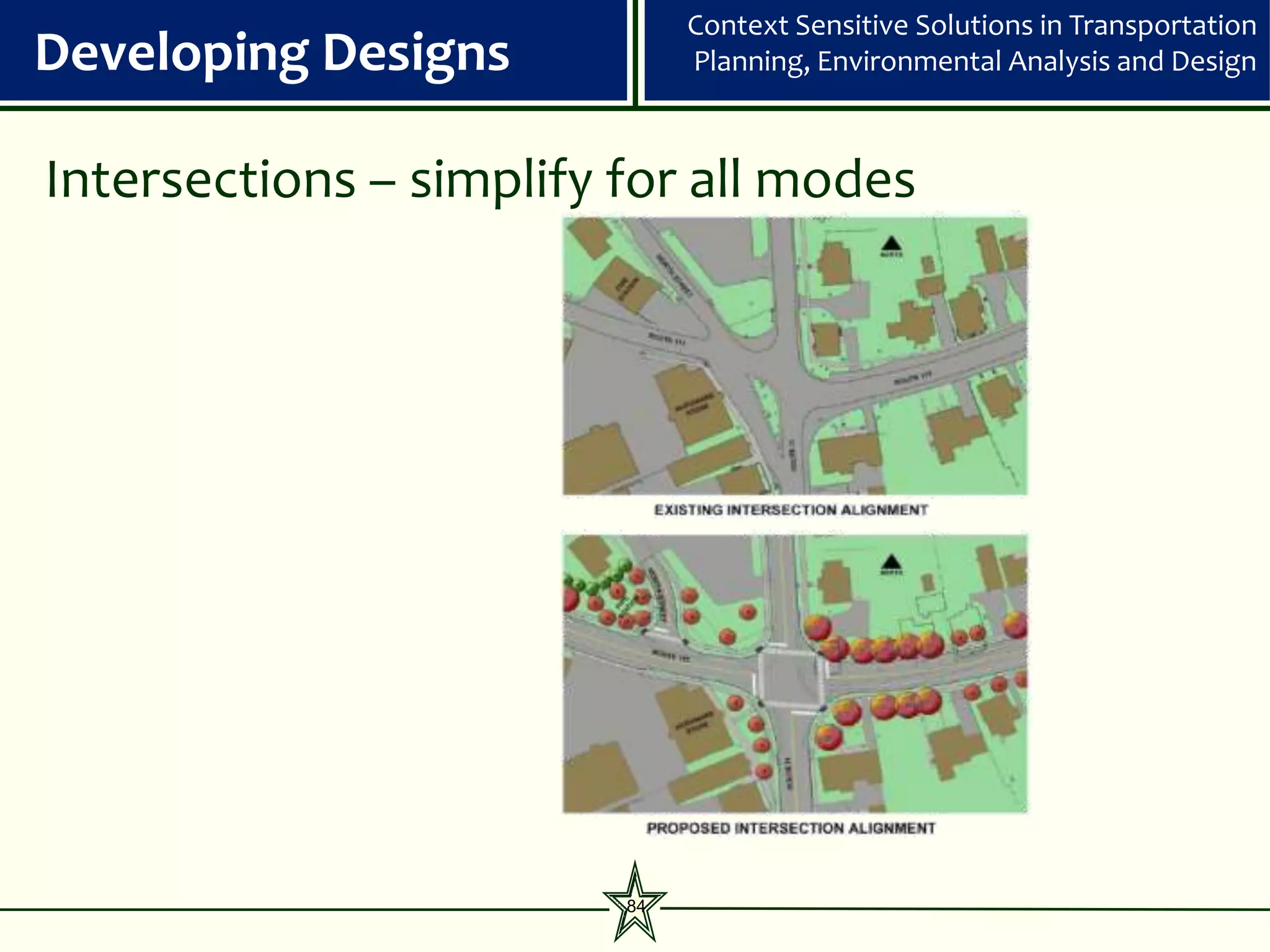 Context Sensitive Solutions in Transportation
Developing Designs            Planning, Environmental Analysis and Design



Intersections – simplify for all modes




                         84
 