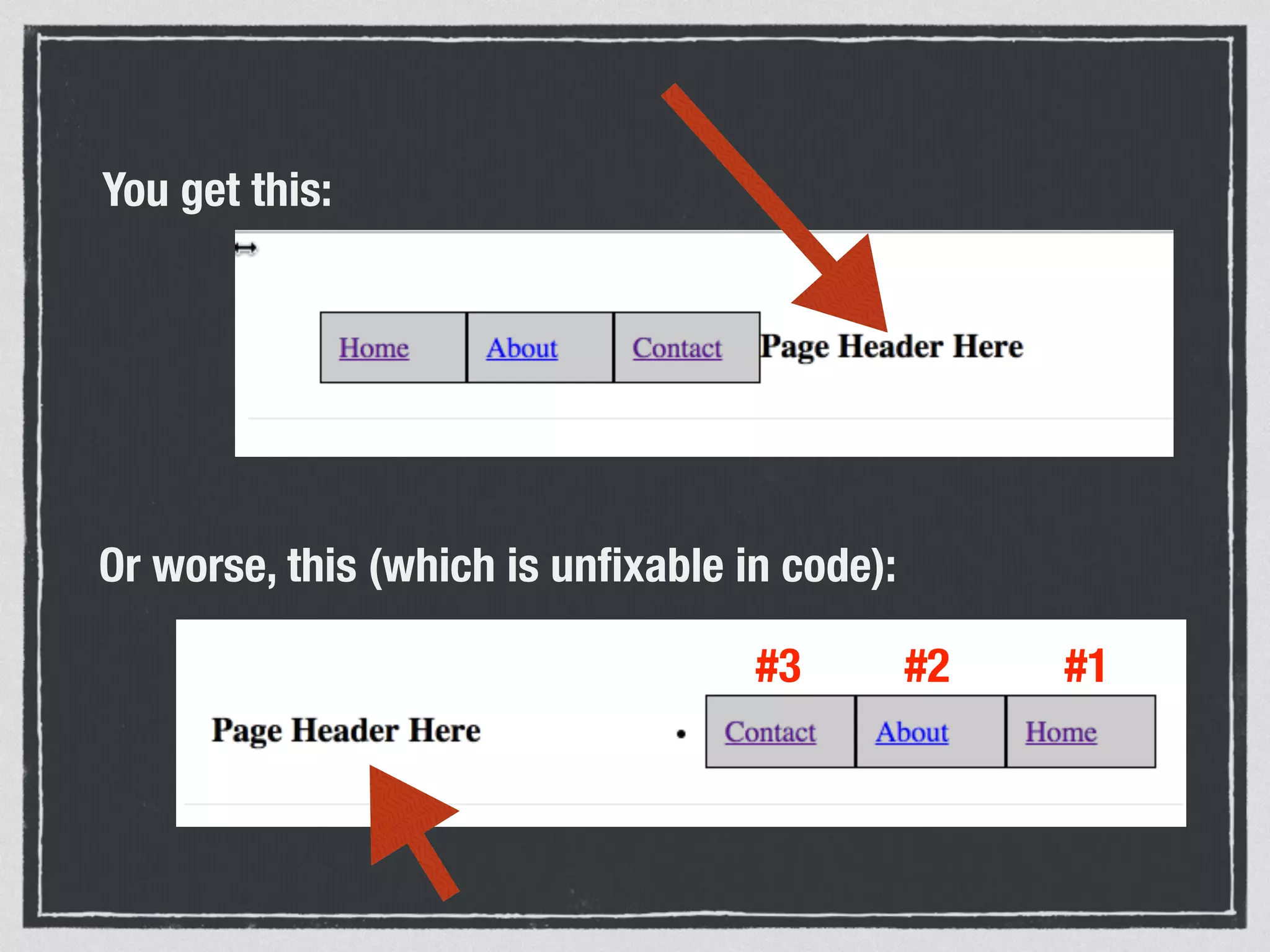 Or worse, this (which is unfixable in code): 
#3 #2 #1 
You get this: 
 