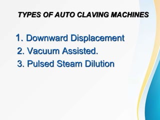 TYPES OF AUTO CLAVING MACHINES
1. Downward Displacement
2. Vacuum Assisted.
3. Pulsed Steam Dilution
 