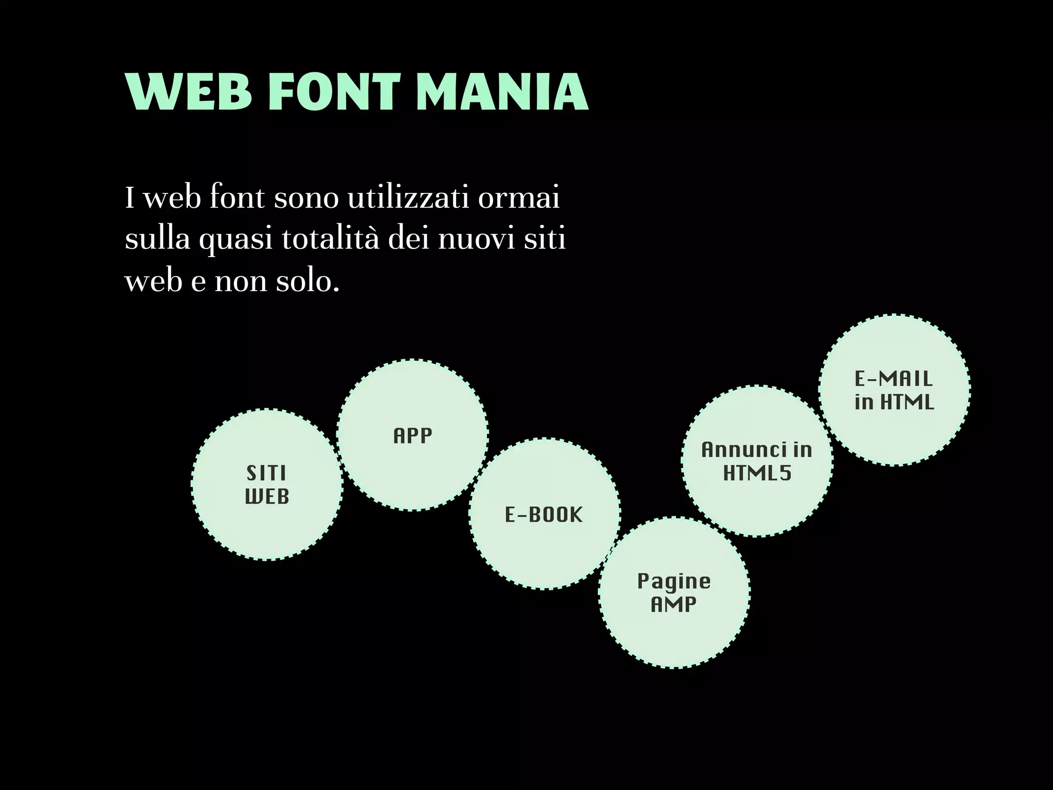 I web font sono utilizzati ormai
sulla quasi totalità dei nuovi siti
web e non solo.
WEB FONT MANIA
SITI
WEB
Pagine
AMP
APP
Annunci in
HTML5
E-MAIL
in HTML
E-BOOK
 