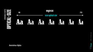 OPTICAl-SIZE
VARIABLEFONTS
2019©GiuliaLaco
Amstelvar Alpha
asse optical-size
10 72
opsz
 