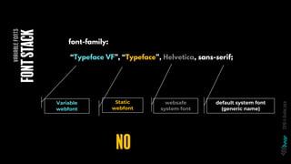 FONTSTACK
VARIABLEFONTS
2019©GiuliaLaco
body {
font-family: “Typeface”, sans-serif;
}
@supports (font-variation-settings: ...