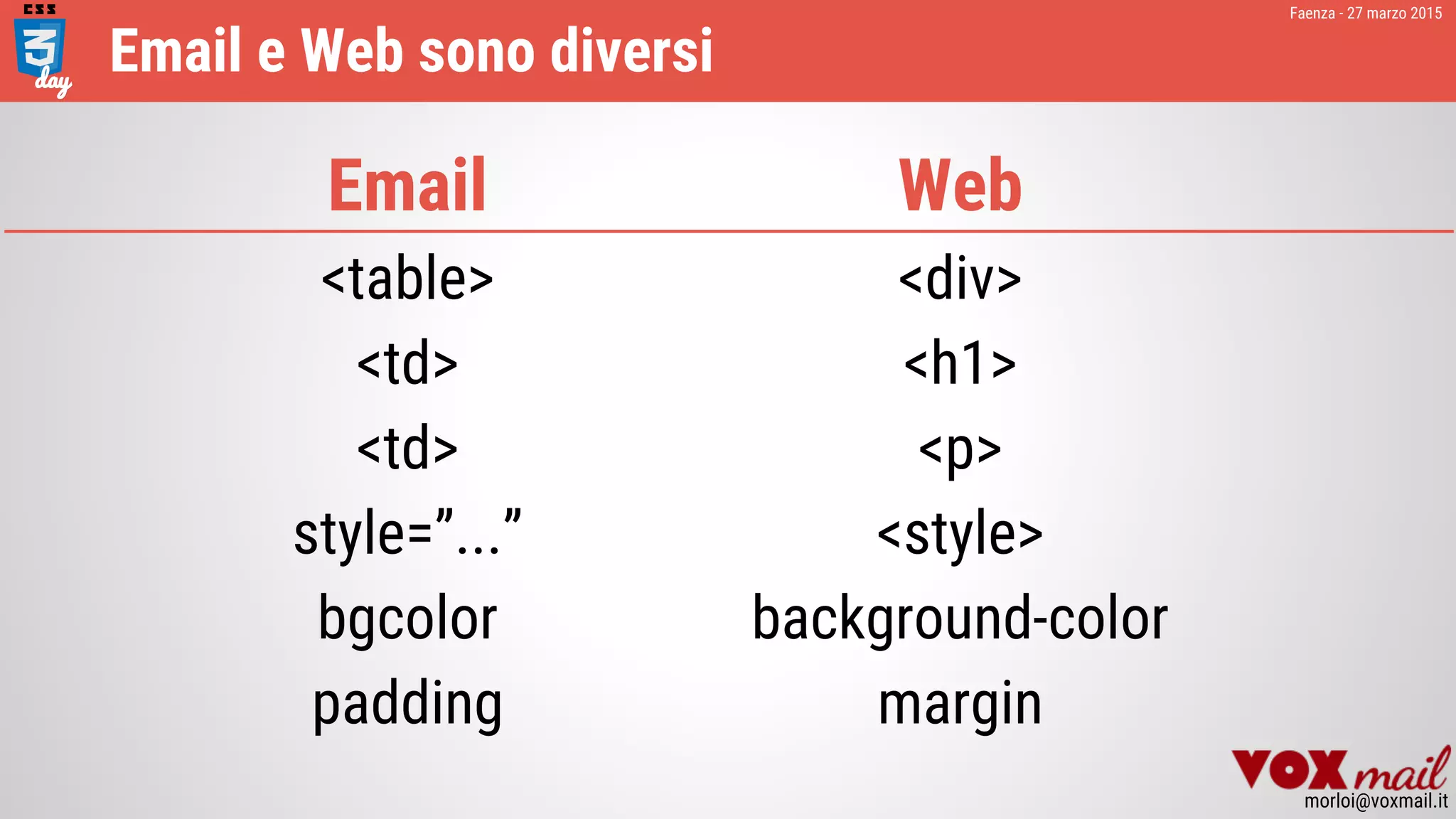 Faenza - 27 marzo 2015
morloi@voxmail.it
Email e Web sono diversi
Email
<table>
<td>
<td>
style=”...”
bgcolor
padding
Web
<div>
<h1>
<p>
<style>
background-color
margin
 