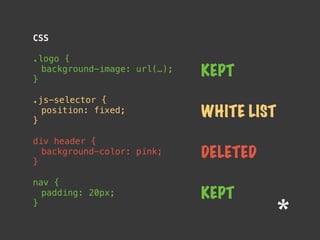 CSS
.logo {
background-image: url(…);
}
.js-selector {
position: fixed;
}
div header {
background-color: pink;
}
nav {
padding: 20px;
}
WHITE LIST
KEPT
DELETED
KEPT
 