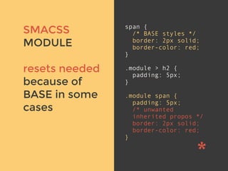 v
span {
/* BASE styles */
border: 2px solid;
border-color: red;
}
.module > h2 {
padding: 5px;
}
.module span {
padding: 5px;
/* unwanted
inherited propos */
border: 2px solid;
border-color: red;
}
SMACSS
MODULE
resets needed
because of
BASE in some
cases
 