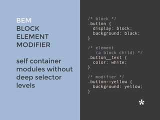 v
BEM
BLOCK
ELEMENT
MODIFIER
self container
modules without
deep selector
levels
/* block */
.button {
display: block;
background: black;
}
/* element
(a block child) */
.button__text {
color: white;
}
/* modifier */
.button––yellow {
background: yellow;
}
 