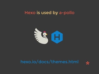 Hexo is used by a-pollo
hexo.io/docs/themes.html
 