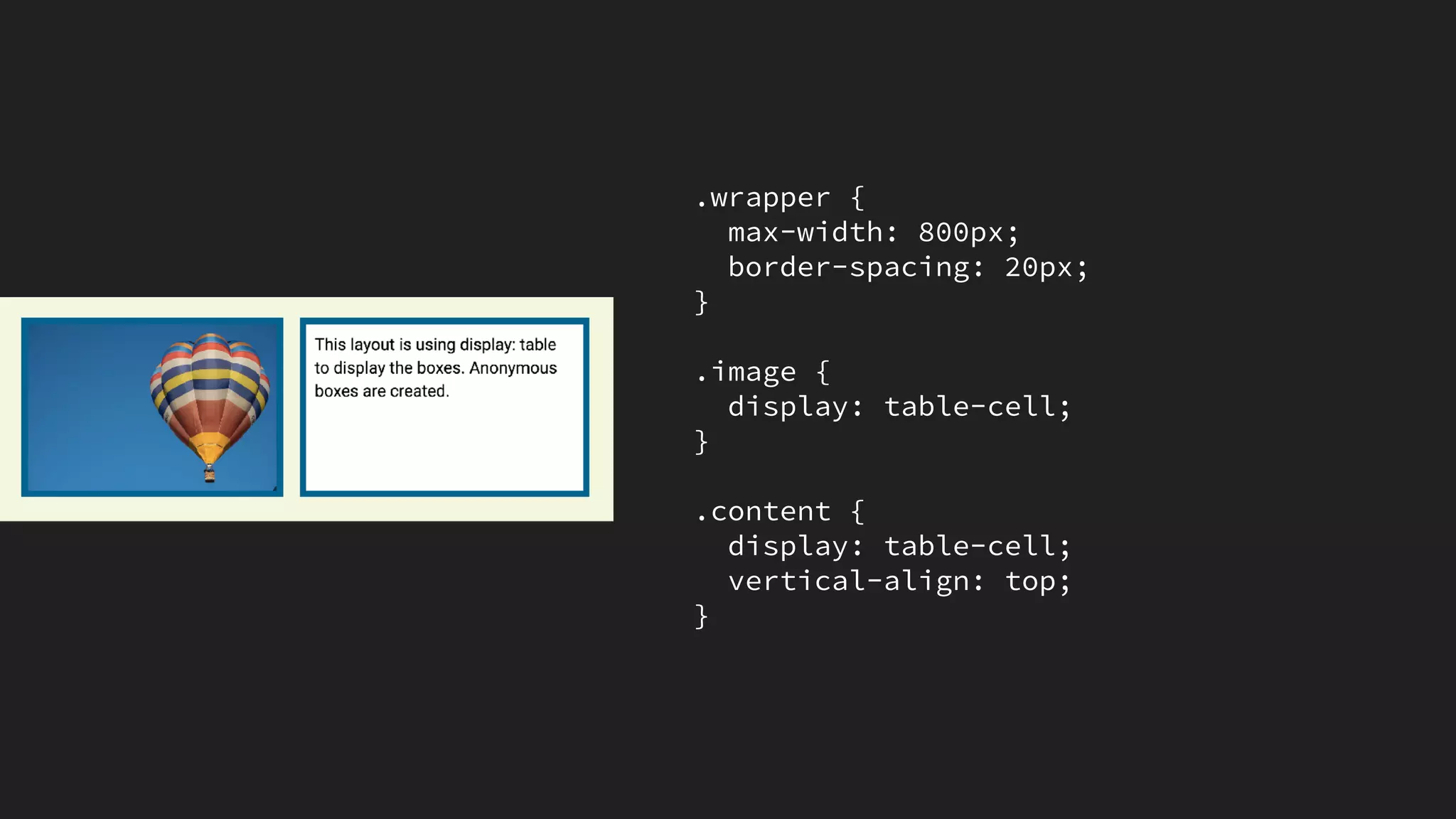 .wrapper {
max-width: 800px;
border-spacing: 20px;
}
.image {
display: table-cell;
}
.content {
display: table-cell;
vertical-align: top;
}
 