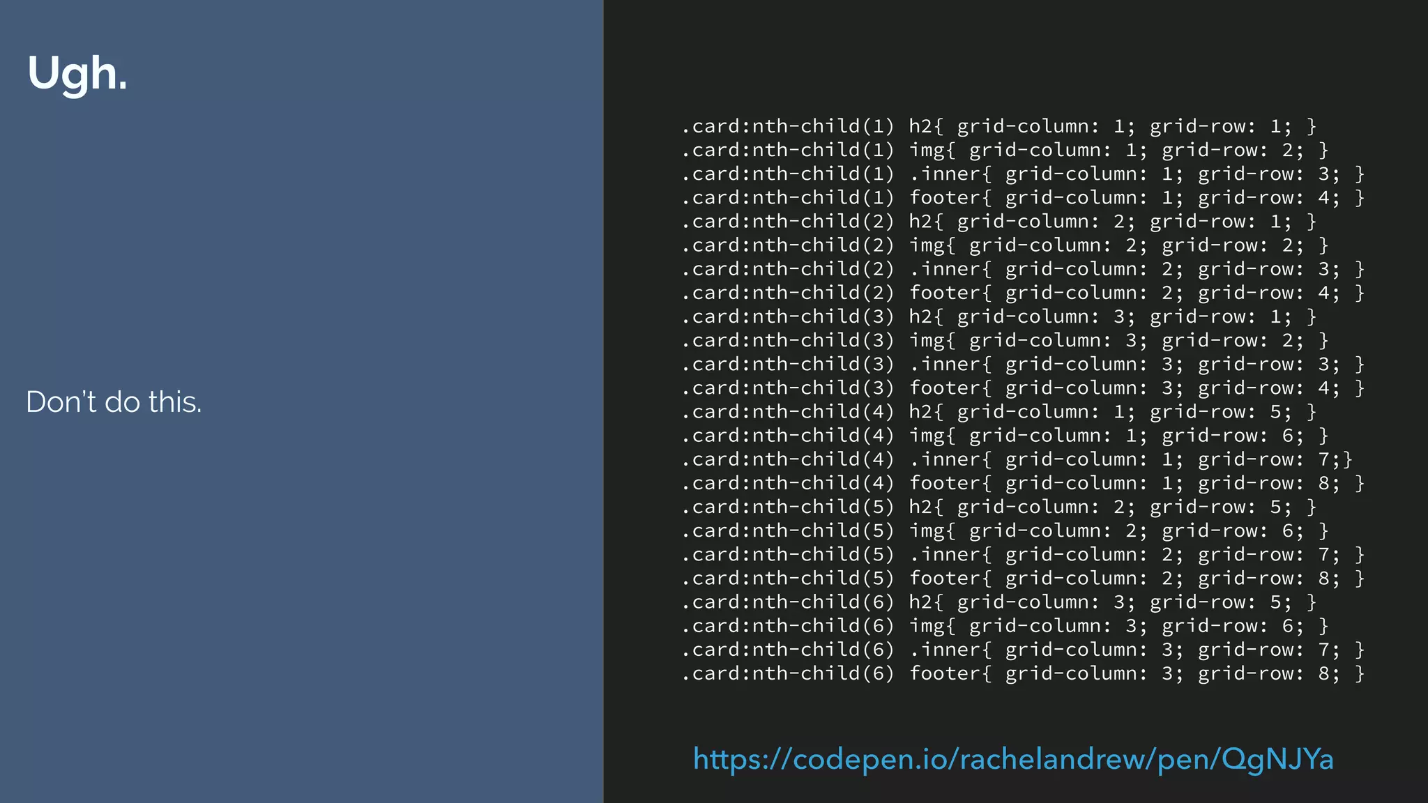 display: contents
▸ Use when the element you are removing has no box styling (e.g. backgrounds
and borders) attached
▸ Current browser support Firefox, Chrome Canary
 