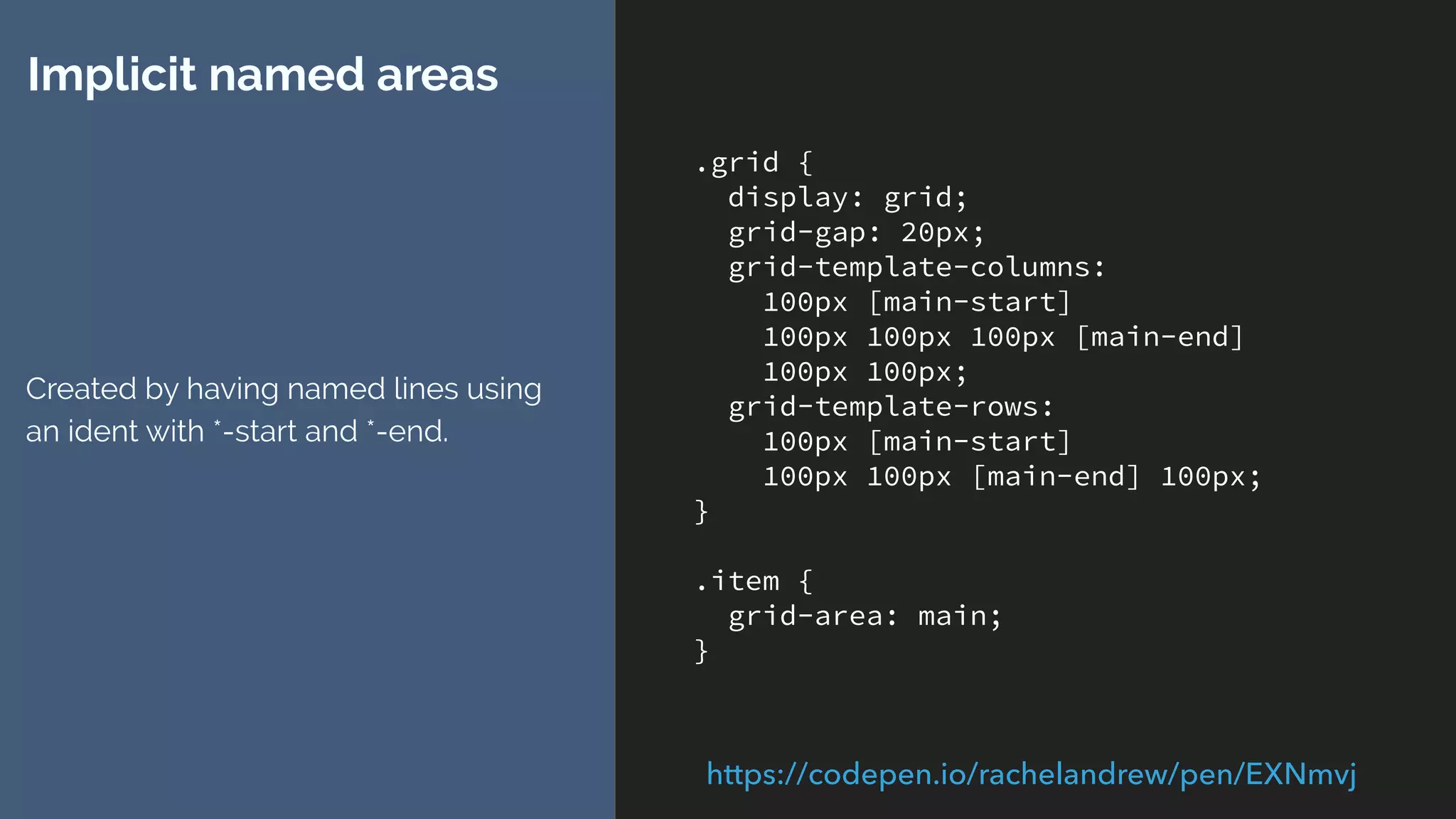 https://www.w3.org/TR/css-grid-1/#line-placement
“Note: Named grid areas automatically generate
implicit named lines of this form, so specifying
grid-row-start: foo will choose the start edge of
that named grid area (unless another line named
foo-start was explicitly speciﬁed before it).”
 