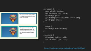.grid {
max-width: 800px;
border-spacing: 20px;
display: grid;
grid-template-columns: auto 1fr;
grid-gap: 20px;
}
@supports (grid-gap: 20px) {
.grid {
margin: 20px;
}
}
.image {
display: table-cell;
}
.content {
display: table-cell;
vertical-align: top;
}
https://codepen.io/rachelandrew/pen/qjNVwG
 