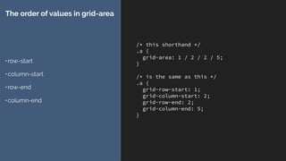 .grid {
Direction: rtl;
display: grid;
grid-gap: 10px;
grid-template-columns: repeat(4, 150px);
grid-template-rows: repeat(3, 100px);
}
.a {
grid-area: 1 / 2 / 2 / 5;
}
.b {
grid-area: 1 / 1 / 3 / 4;
}
https://codepen.io/rachelandrew/pen/BZKbaN
 