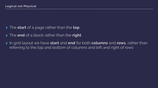 .grid {
display: grid;
grid-gap: 10px;
grid-template-columns: repeat(3,
150px);
grid-template-rows: repeat(3, 100px);
justify-content: end;
align-content: end;
}
https://codepen.io/rachelandrew/pen/pwyBpG
End
End
Start
Start
direction: rtl
 