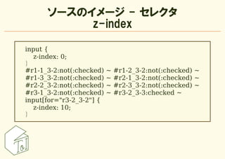 ソースのイメージ - セレクタ
           z-index

input {
  z-index: 0;
}
#r1-1_3-2:not(:checked)   ~   #r1-2_3-2:not(:checked) ~
#r1-3_...