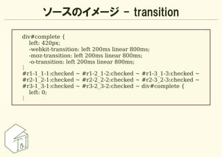ソースのイメージ - transition

div#complete {
   left: 420px;
   -webkit-transition: left 200ms linear 800ms;
   -moz-transition: ...