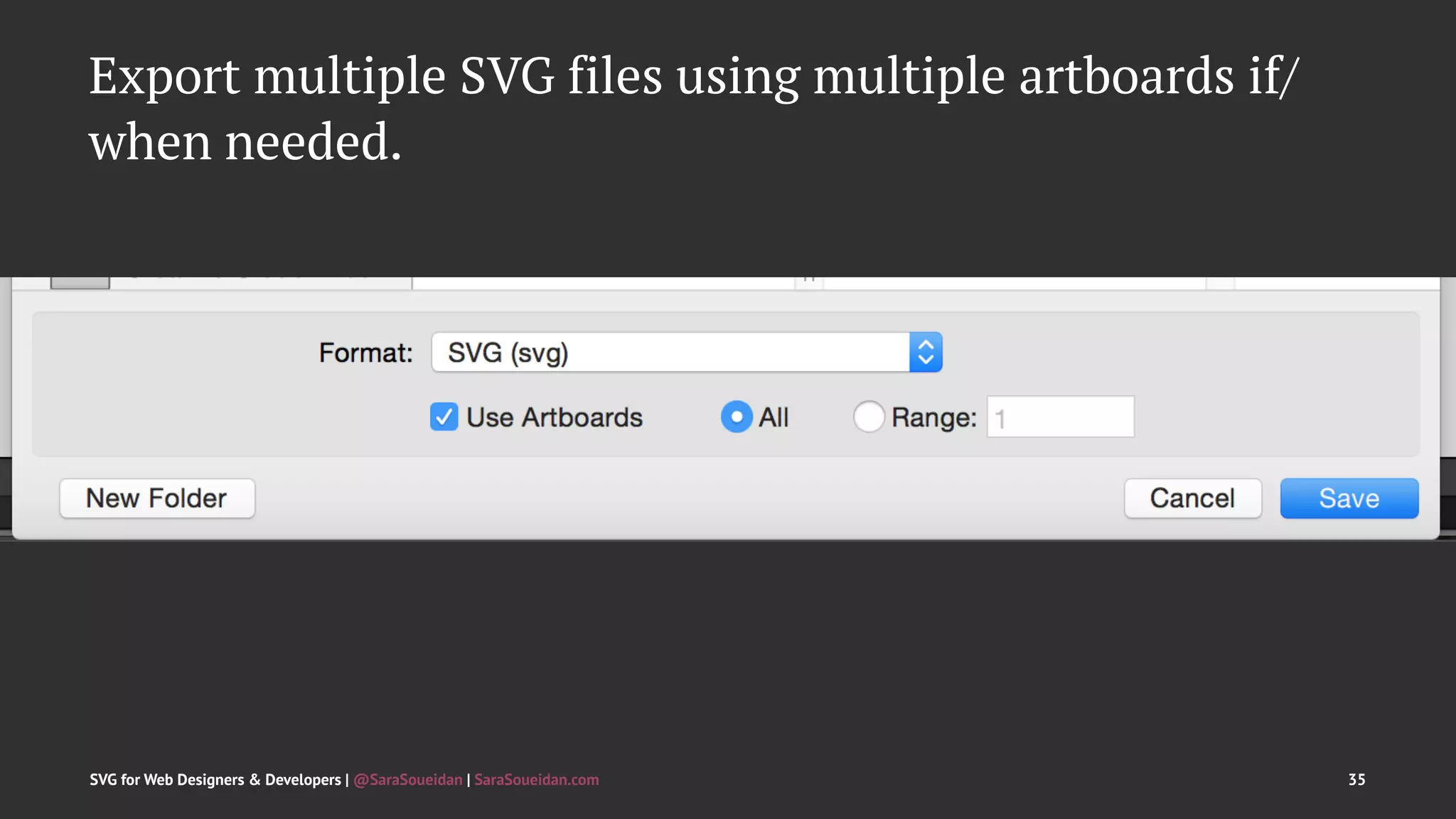Export multiple SVG files using multiple artboards if/
when needed.
SVG for Web Designers & Developers | @SaraSoueidan | SaraSoueidan.com 35
 