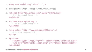 1. <img src="mySVG.svg" alt="..."/>
2. background-image: url(path/to/mySVG.svg);
3. <object type="image/svg+xml" data="mySVG.svg">
<!-- fallback here -->
</object>
4. <iframe src="mySVG.svg">
<!-- fallback here -->
</iframe>
5. <svg xmlns="http://www.w3.org/2000/svg" …>
<!-- svg content -->
</svg>
6. <picture>
<source type="image/svg+xml" srcset="path/to/image.svg">
<img src="path/to/fallback.png" alt="Image description">
</picture>
SVG for Web Designers & Developers | @SaraSoueidan | SaraSoueidan.com 88
 
