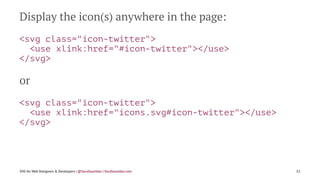Display the icon(s) anywhere in the page:
<svg class="icon-twitter">
<use xlink:href="#icon-twitter"></use>
</svg>
or
<svg...