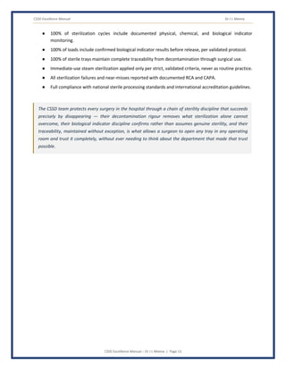 CSSD Excellence Manual Dr J L Meena
CSSD Excellence Manual – Dr J L Meena | Page 13
● 100% of sterilization cycles include documented physical, chemical, and biological indicator
monitoring.
● 100% of loads include confirmed biological indicator results before release, per validated protocol.
● 100% of sterile trays maintain complete traceability from decontamination through surgical use.
● Immediate-use steam sterilization applied only per strict, validated criteria, never as routine practice.
● All sterilization failures and near-misses reported with documented RCA and CAPA.
● Full compliance with national sterile processing standards and international accreditation guidelines.
The CSSD team protects every surgery in the hospital through a chain of sterility discipline that succeeds
precisely by disappearing — their decontamination rigour removes what sterilization alone cannot
overcome, their biological indicator discipline confirms rather than assumes genuine sterility, and their
traceability, maintained without exception, is what allows a surgeon to open any tray in any operating
room and trust it completely, without ever needing to think about the department that made that trust
possible.
 
