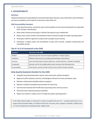 CSSD Excellence Manual Dr J L Meena
CSSD Excellence Manual – Dr J L Meena | Page 27
5. ACCOUNTABILITY
Definition
Taking full professional responsibility for every decontamination decision, every sterilization cycle verification,
and every traceability record made for instruments under CSSD care.
CSSD Accountability Standards
● Every decontamination, sterilization cycle, and traceability record is documented with the responsible
team member's identification.
● Never allow a known process gap or indicator discrepancy to go unaddressed.
● Report every critical incident and sterilization failure honestly through the quality reporting system.
● Participate in RCA for significant incidents with complete clinical honesty.
● Participate in quality audits and accreditation surveys with accurate, complete reprocessing and
traceability records.
The R-T-A-C-A Framework in the CSSD
Standard Core Focus in the CSSD
Respect Reprocessing chain honoured equally regardless of surgical urgency
Timeliness Efficient turnaround; full, uncompressed sterilization cycle duration
Accuracy Exact decontamination protocol adherence, verified indicators, complete traceability
Compassion Genuine care for the invisible patient every instrument will ultimately serve
Accountability Every decision owned and documented; every incident honestly reviewed
Daily Quality Standards Checklist for the CSSD
● Complete every decontamination step for every instrument, without exception.
● Apply and confirm physical, chemical, and biological indicators for every sterilization cycle.
● Maintain unidirectional workflow without exception.
● Maintain complete traceability documentation for every tray.
● Communicate honestly with the OR about processing status and any concern.
● Document every reprocessing step completely.
● Report any incident or safety concern through the quality reporting system.
In the CSSD, patient safety is measured in a chain no patient will ever see — a family experiences it as a
surgery that proceeded safely, an infection that never occurred, and a surgeon's complete, justified trust
in a tray this department made genuinely, validly sterile.
 
