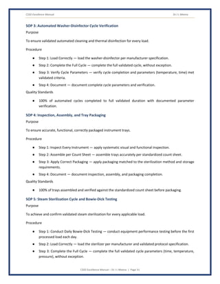 CSSD Excellence Manual Dr J L Meena
CSSD Excellence Manual – Dr J L Meena | Page 31
SOP 3: Automated Washer-Disinfector Cycle Verification
Purpose
To ensure validated automated cleaning and thermal disinfection for every load.
Procedure
● Step 1: Load Correctly — load the washer-disinfector per manufacturer specification.
● Step 2: Complete the Full Cycle — complete the full validated cycle, without exception.
● Step 3: Verify Cycle Parameters — verify cycle completion and parameters (temperature, time) met
validated criteria.
● Step 4: Document — document complete cycle parameters and verification.
Quality Standards
● 100% of automated cycles completed to full validated duration with documented parameter
verification.
SOP 4: Inspection, Assembly, and Tray Packaging
Purpose
To ensure accurate, functional, correctly packaged instrument trays.
Procedure
● Step 1: Inspect Every Instrument — apply systematic visual and functional inspection.
● Step 2: Assemble per Count Sheet — assemble trays accurately per standardized count sheet.
● Step 3: Apply Correct Packaging — apply packaging matched to the sterilization method and storage
requirements.
● Step 4: Document — document inspection, assembly, and packaging completion.
Quality Standards
● 100% of trays assembled and verified against the standardized count sheet before packaging.
SOP 5: Steam Sterilization Cycle and Bowie-Dick Testing
Purpose
To achieve and confirm validated steam sterilization for every applicable load.
Procedure
● Step 1: Conduct Daily Bowie-Dick Testing — conduct equipment performance testing before the first
processed load each day.
● Step 2: Load Correctly — load the sterilizer per manufacturer and validated protocol specification.
● Step 3: Complete the Full Cycle — complete the full validated cycle parameters (time, temperature,
pressure), without exception.
 