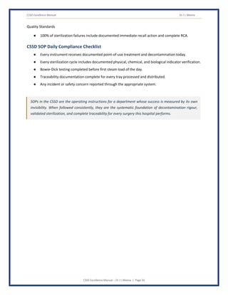 CSSD Excellence Manual Dr J L Meena
CSSD Excellence Manual – Dr J L Meena | Page 34
Quality Standards
● 100% of sterilization failures include documented immediate recall action and complete RCA.
CSSD SOP Daily Compliance Checklist
● Every instrument receives documented point-of-use treatment and decontamination today.
● Every sterilization cycle includes documented physical, chemical, and biological indicator verification.
● Bowie-Dick testing completed before first steam load of the day.
● Traceability documentation complete for every tray processed and distributed.
● Any incident or safety concern reported through the appropriate system.
SOPs in the CSSD are the operating instructions for a department whose success is measured by its own
invisibility. When followed consistently, they are the systematic foundation of decontamination rigour,
validated sterilization, and complete traceability for every surgery this hospital performs.
 