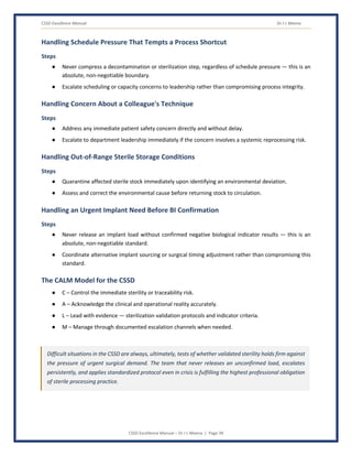 CSSD Excellence Manual Dr J L Meena
CSSD Excellence Manual – Dr J L Meena | Page 39
Handling Schedule Pressure That Tempts a Process Shortcut
Steps
● Never compress a decontamination or sterilization step, regardless of schedule pressure — this is an
absolute, non-negotiable boundary.
● Escalate scheduling or capacity concerns to leadership rather than compromising process integrity.
Handling Concern About a Colleague's Technique
Steps
● Address any immediate patient safety concern directly and without delay.
● Escalate to department leadership immediately if the concern involves a systemic reprocessing risk.
Handling Out-of-Range Sterile Storage Conditions
Steps
● Quarantine affected sterile stock immediately upon identifying an environmental deviation.
● Assess and correct the environmental cause before returning stock to circulation.
Handling an Urgent Implant Need Before BI Confirmation
Steps
● Never release an implant load without confirmed negative biological indicator results — this is an
absolute, non-negotiable standard.
● Coordinate alternative implant sourcing or surgical timing adjustment rather than compromising this
standard.
The CALM Model for the CSSD
● C – Control the immediate sterility or traceability risk.
● A – Acknowledge the clinical and operational reality accurately.
● L – Lead with evidence — sterilization validation protocols and indicator criteria.
● M – Manage through documented escalation channels when needed.
Difficult situations in the CSSD are always, ultimately, tests of whether validated sterility holds firm against
the pressure of urgent surgical demand. The team that never releases an unconfirmed load, escalates
persistently, and applies standardized protocol even in crisis is fulfilling the highest professional obligation
of sterile processing practice.
 