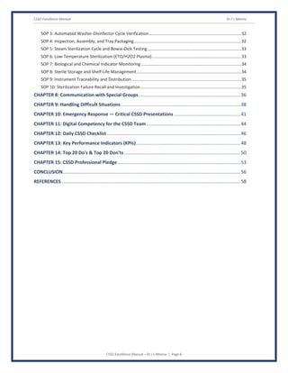 CSSD Excellence Manual Dr J L Meena
CSSD Excellence Manual – Dr J L Meena | Page 6
SOP 3: Automated Washer-Disinfector Cycle Verification..............................................................................32
SOP 4: Inspection, Assembly, and Tray Packaging..........................................................................................32
SOP 5: Steam Sterilization Cycle and Bowie-Dick Testing...............................................................................33
SOP 6: Low-Temperature Sterilization (ETO/H2O2 Plasma)...........................................................................33
SOP 7: Biological and Chemical Indicator Monitoring ....................................................................................34
SOP 8: Sterile Storage and Shelf-Life Management........................................................................................34
SOP 9: Instrument Traceability and Distribution ............................................................................................35
SOP 10: Sterilization Failure Recall and Investigation.....................................................................................35
CHAPTER 8: Communication with Special Groups..............................................................................36
CHAPTER 9: Handling Difficult Situations ...........................................................................................38
CHAPTER 10: Emergency Response — Critical CSSD Presentations...................................................41
CHAPTER 11: Digital Competency for the CSSD Team........................................................................44
CHAPTER 12: Daily CSSD Checklist ......................................................................................................46
CHAPTER 13: Key Performance Indicators (KPIs)................................................................................48
CHAPTER 14: Top 20 Do's & Top 20 Don'ts.........................................................................................50
CHAPTER 15: CSSD Professional Pledge..............................................................................................53
CONCLUSION........................................................................................................................................56
REFERENCES.........................................................................................................................................58
 