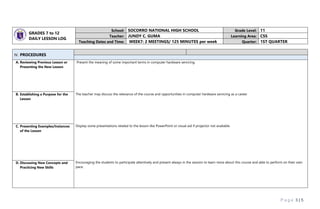 P a g e 3 | 5
GRADES 7 to 12
DAILY LESSON LOG
School: SOCORRO NATIONAL HIGH SCHOOL Grade Level: 11
Teacher: JUNDY C. GUMA Learning Area: CSS
Teaching Dates and Time: WEEK7: 2 MEETINGS/ 125 MINUTES per week Quarter: 1ST QUARTER
IV. PROCEDURES
A. Reviewing Previous Lesson or
Presenting the New Lesson
Present the meaning of some important terms in computer hardware servicing.
The teacher may discuss the relevance of the course and opportunities in computer hardware servicing as a career
Display some presentations related to the lesson like PowerPoint or visual aid if projector not available.
Encouraging the students to participate attentively and present always in the session to learn more about this course and able to perform on their own
pace.
B. Establishing a Purpose for the
Lesson
C. Presenting Examples/Instances
of the Lesson
D. Discussing New Concepts and
Practicing New Skills
 