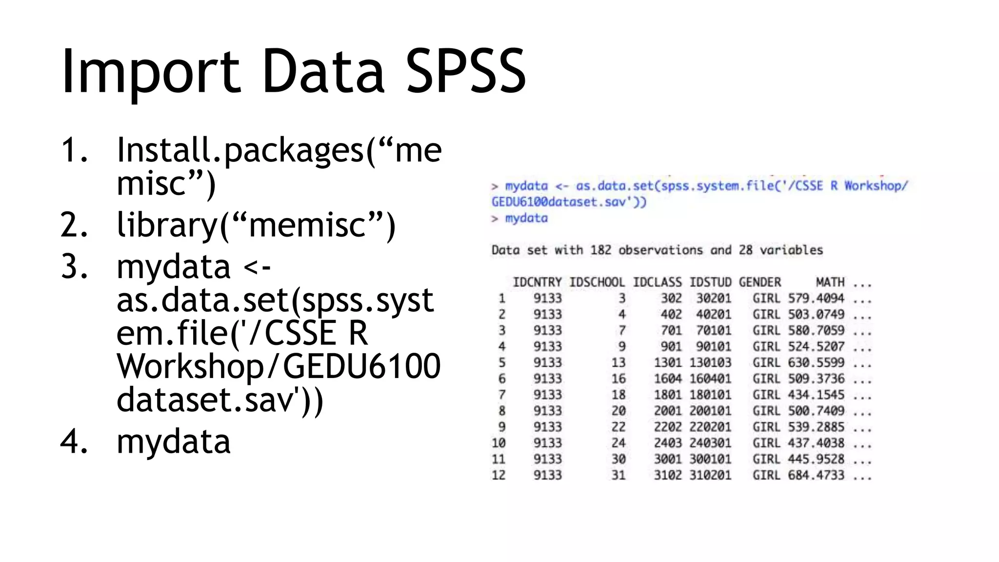 Import Data SPSS
1. Install.packages(“me
misc”)
2. library(“memisc”)
3. mydata <-
as.data.set(spss.syst
em.file('/CSSE R
Workshop/GEDU6100
dataset.sav'))
4. mydata
 