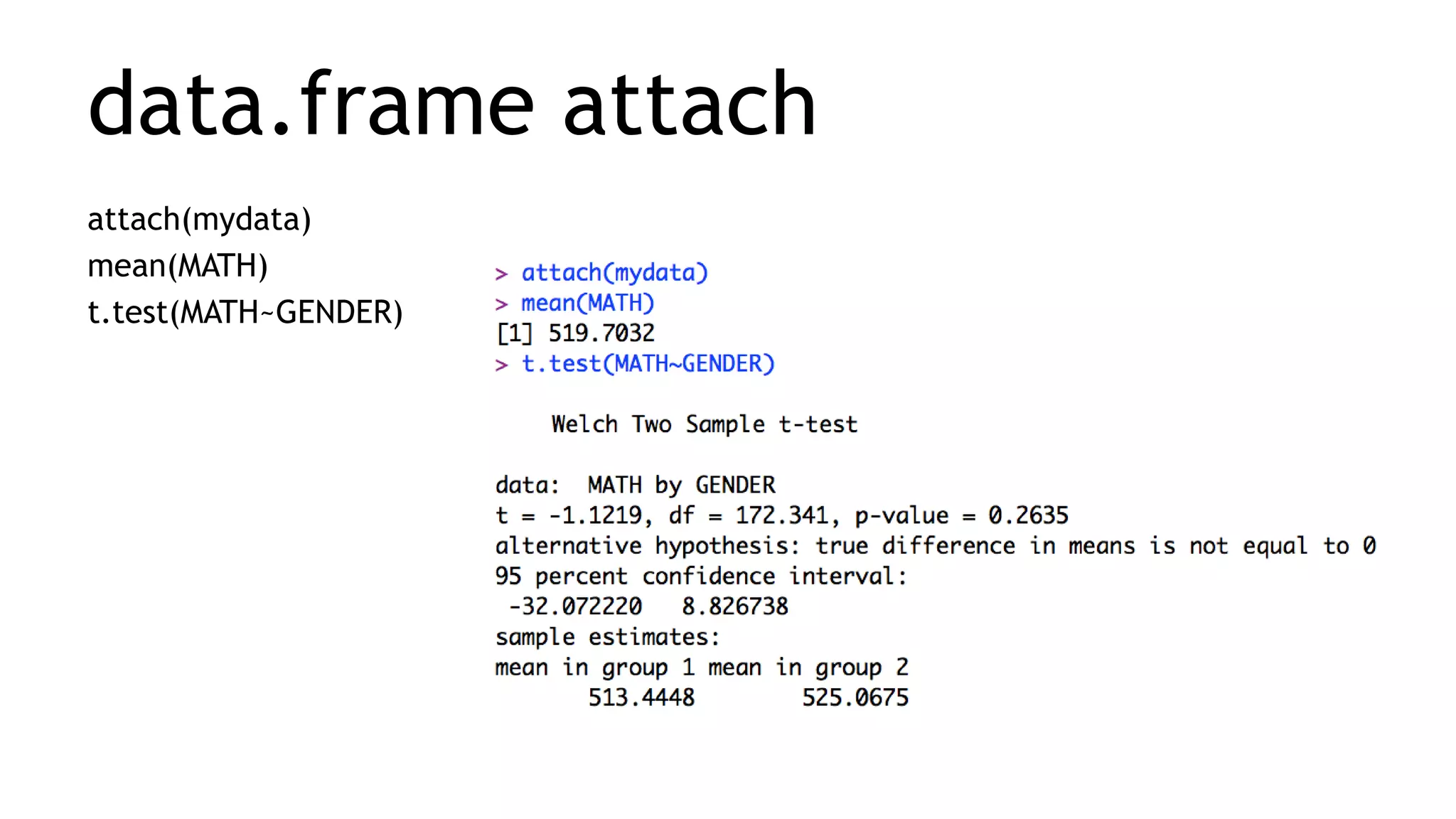 data.frame attach
attach(mydata)
mean(MATH)
t.test(MATH~GENDER)
 