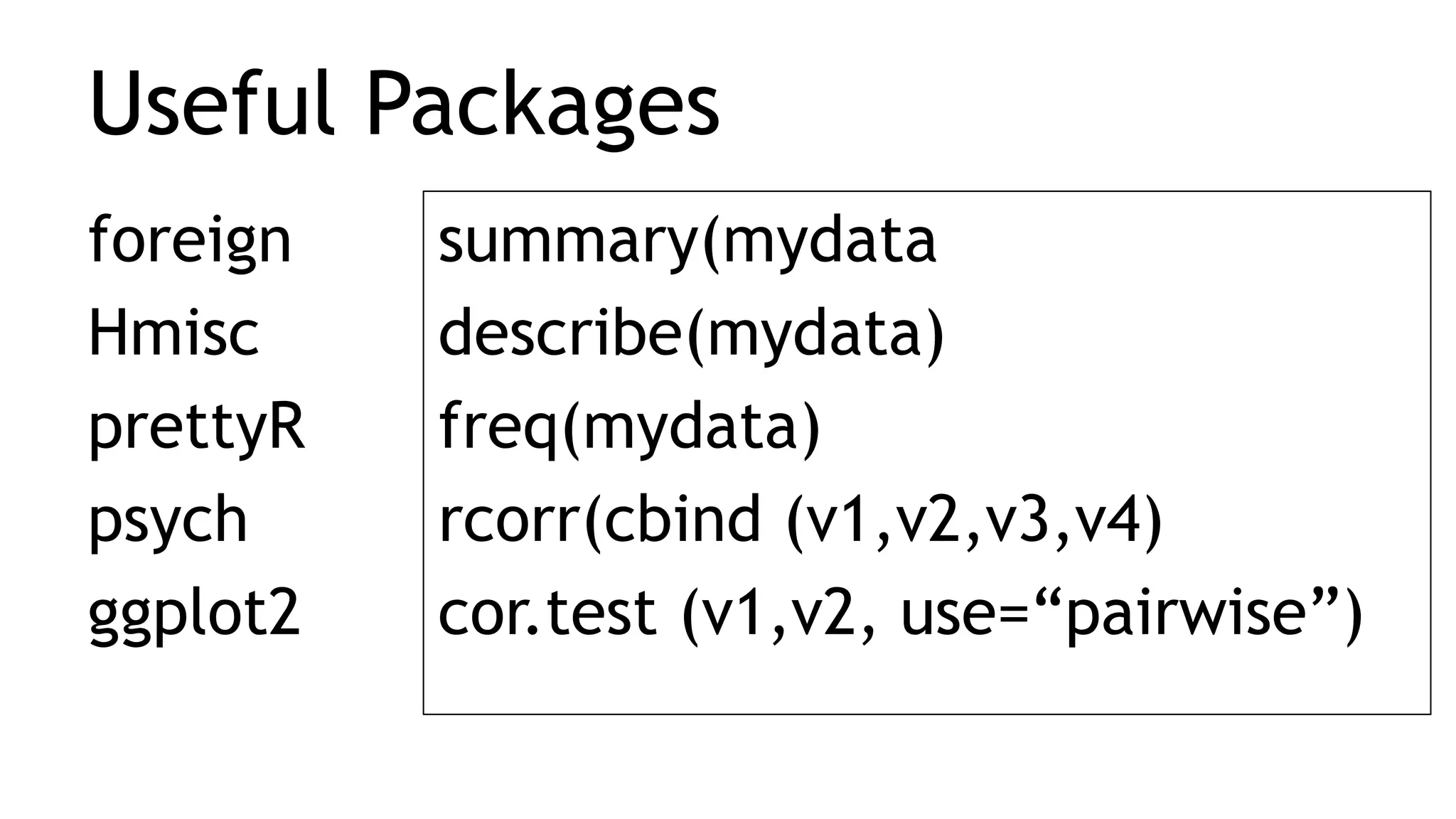 Useful Packages
foreign
Hmisc
prettyR
psych
ggplot2
summary(mydata
describe(mydata)
freq(mydata)
rcorr(cbind (v1,v2,v3,v4)
cor.test (v1,v2, use=“pairwise”)
 