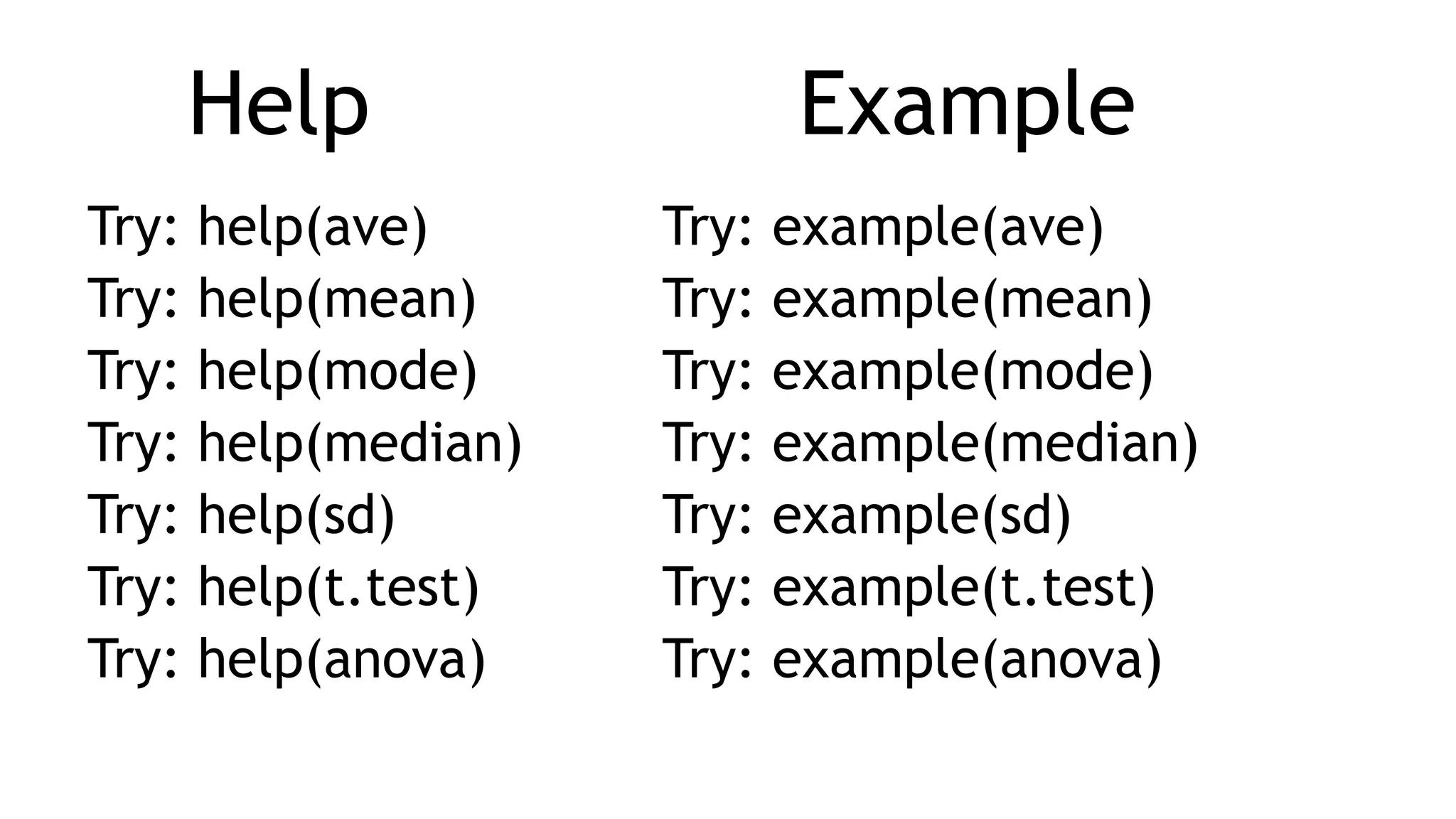 Help Example
Try: help(ave)
Try: help(mean)
Try: help(mode)
Try: help(median)
Try: help(sd)
Try: help(t.test)
Try: help(anova)
Try: example(ave)
Try: example(mean)
Try: example(mode)
Try: example(median)
Try: example(sd)
Try: example(t.test)
Try: example(anova)
 