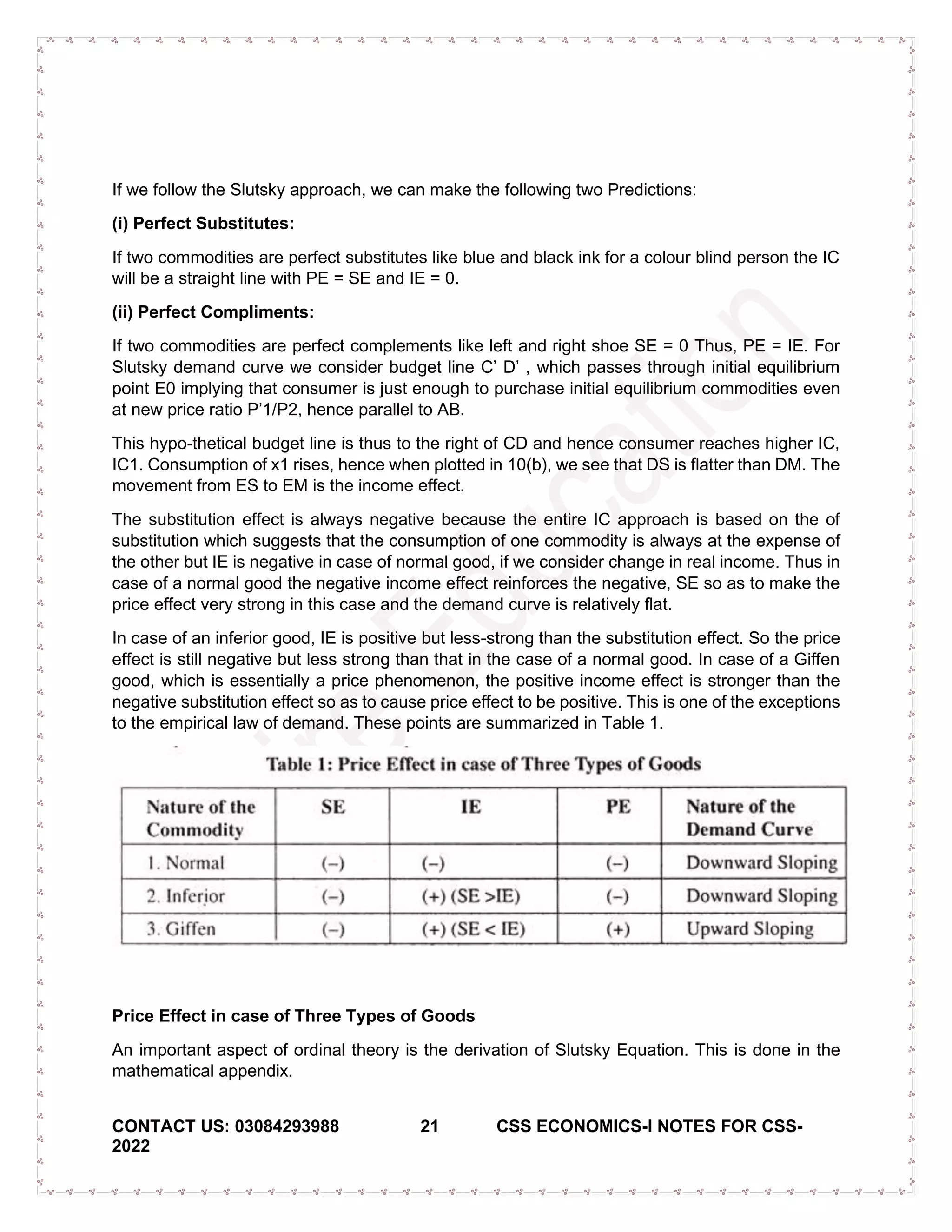 CONTACT US: 03084293988 21 CSS ECONOMICS-I NOTES FOR CSS-
2022
If we follow the Slutsky approach, we can make the following two Predictions:
(i) Perfect Substitutes:
If two commodities are perfect substitutes like blue and black ink for a colour blind person the IC
will be a straight line with PE = SE and IE = 0.
(ii) Perfect Compliments:
If two commodities are perfect complements like left and right shoe SE = 0 Thus, PE = IE. For
Slutsky demand curve we consider budget line C’ D’ , which passes through initial equilibrium
point E0 implying that consumer is just enough to purchase initial equilibrium commodities even
at new price ratio P’1/P2, hence parallel to AB.
This hypo-thetical budget line is thus to the right of CD and hence consumer reaches higher IC,
IC1. Consumption of x1 rises, hence when plotted in 10(b), we see that DS is flatter than DM. The
movement from ES to EM is the income effect.
The substitution effect is always negative because the entire IC approach is based on the of
substitution which suggests that the consumption of one commodity is always at the expense of
the other but IE is negative in case of normal good, if we consider change in real income. Thus in
case of a normal good the negative income effect reinforces the negative, SE so as to make the
price effect very strong in this case and the demand curve is relatively flat.
In case of an inferior good, IE is positive but less-strong than the substitution effect. So the price
effect is still negative but less strong than that in the case of a normal good. In case of a Giffen
good, which is essentially a price phenomenon, the positive income effect is stronger than the
negative substitution effect so as to cause price effect to be positive. This is one of the exceptions
to the empirical law of demand. These points are summarized in Table 1.
Price Effect in case of Three Types of Goods
An important aspect of ordinal theory is the derivation of Slutsky Equation. This is done in the
mathematical appendix.
 