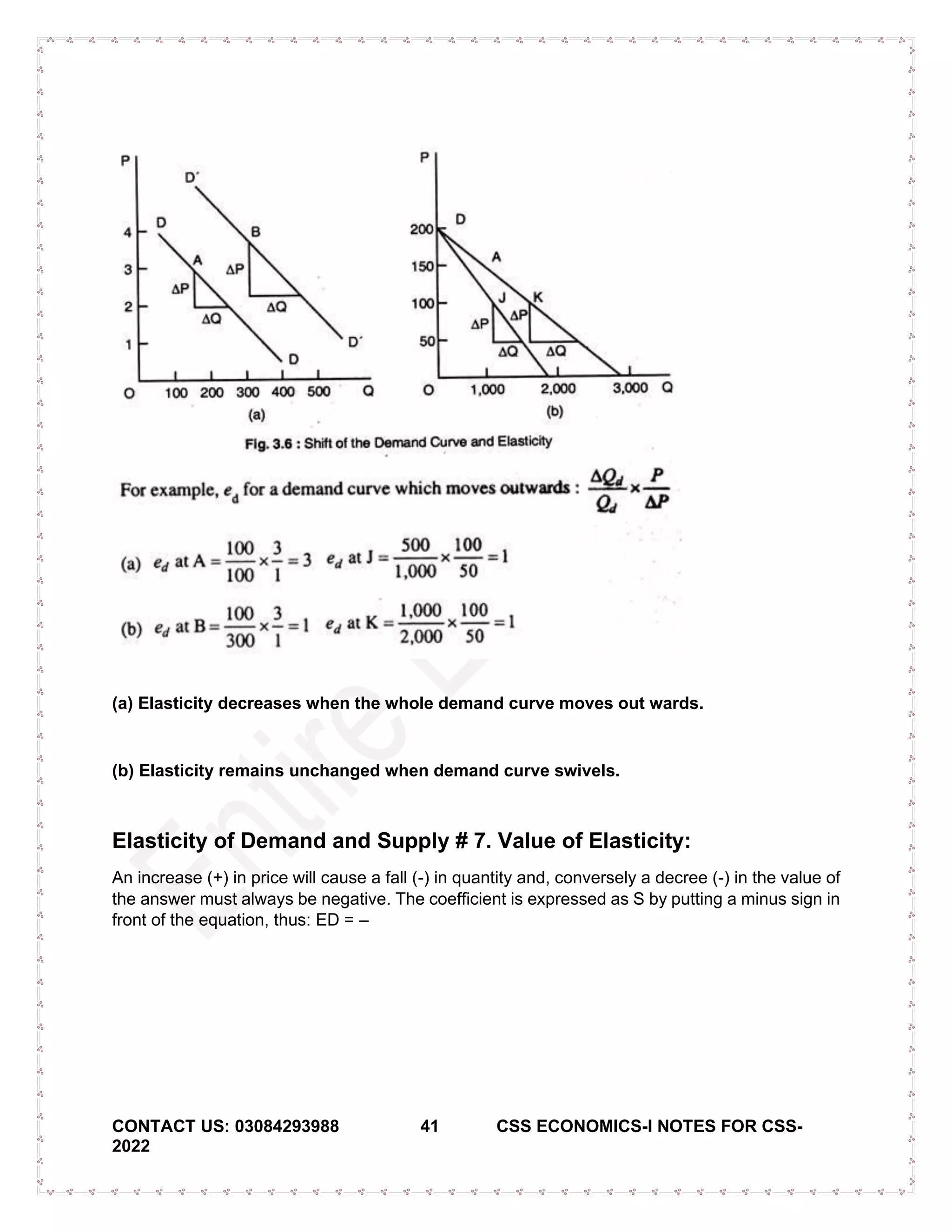CONTACT US: 03084293988 41 CSS ECONOMICS-I NOTES FOR CSS-
2022
(a) Elasticity decreases when the whole demand curve moves out wards.
(b) Elasticity remains unchanged when demand curve swivels.
Elasticity of Demand and Supply # 7. Value of Elasticity:
An increase (+) in price will cause a fall (-) in quantity and, conversely a decree (-) in the value of
the answer must always be negative. The coefficient is expressed as S by putting a minus sign in
front of the equation, thus: ED = –
 