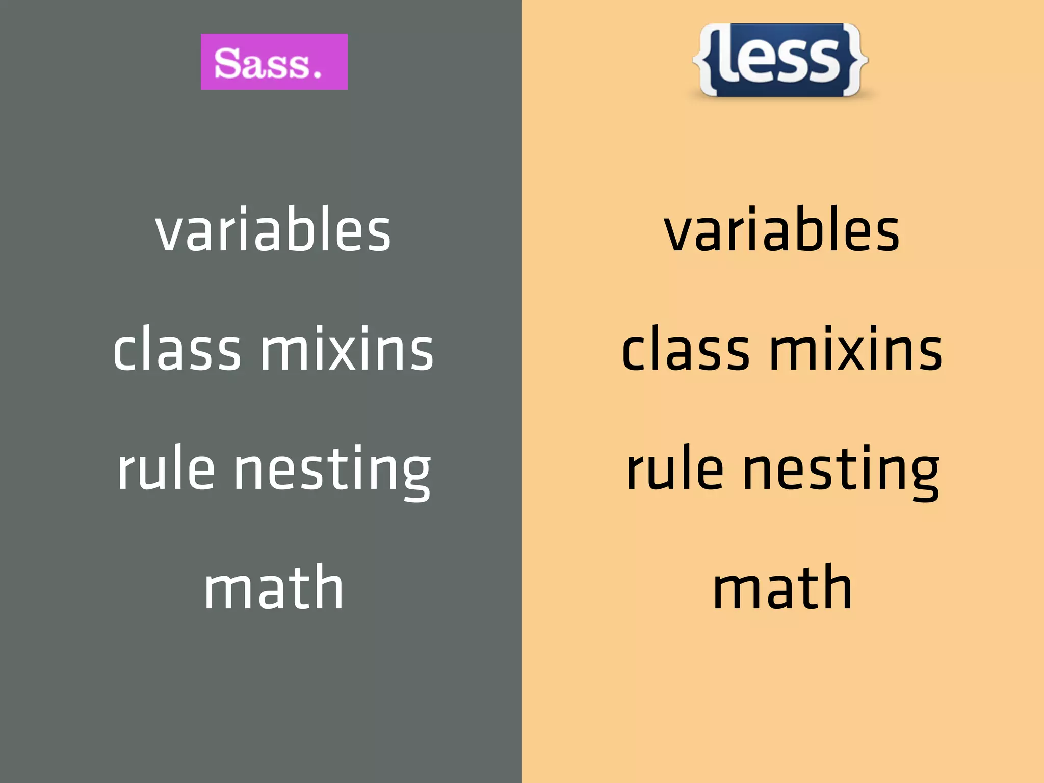 variables      variables
class mixins   class mixins
rule nesting   rule nesting
   math           math
 