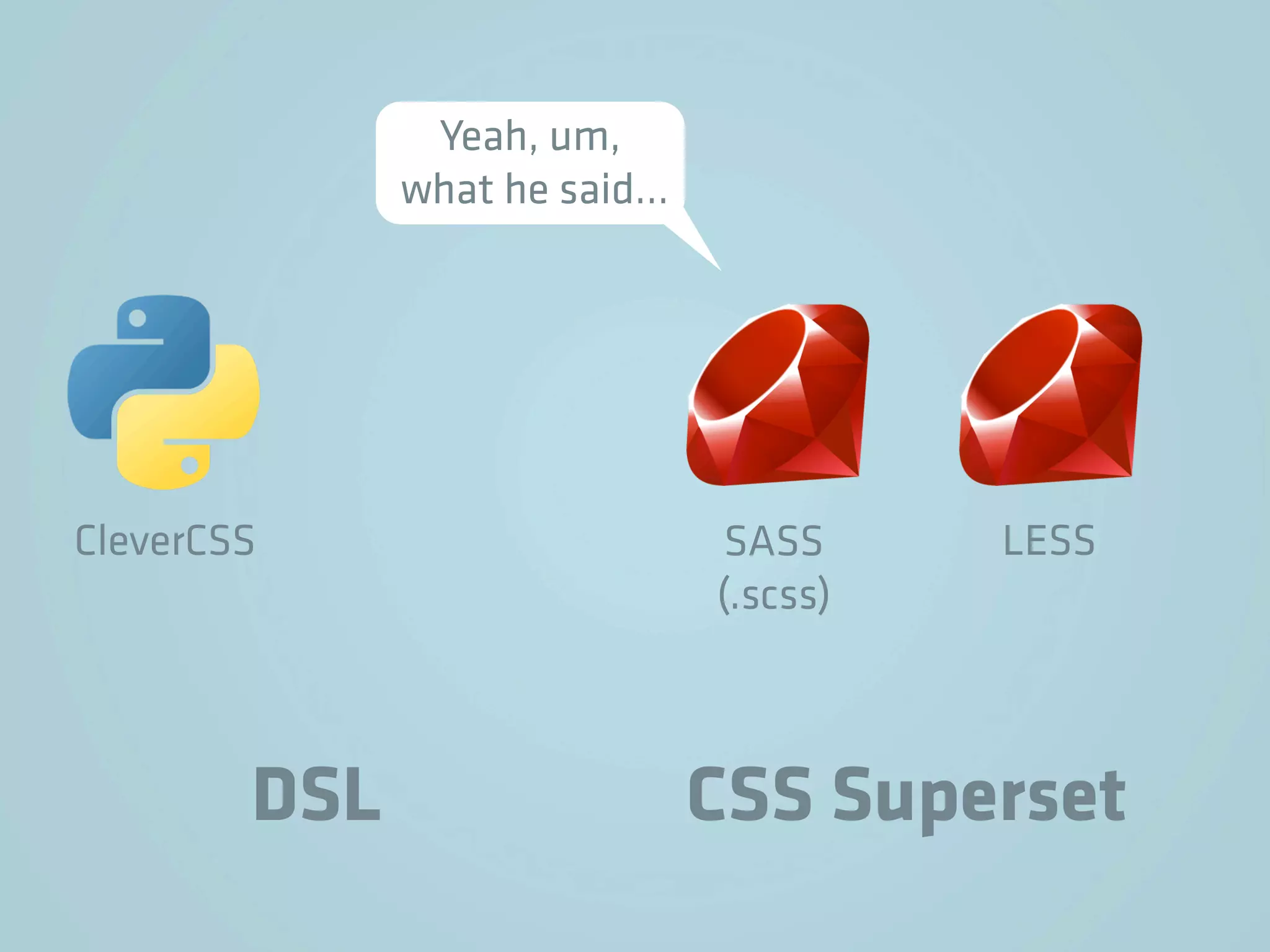 Yeah, um,
              what he said…




CleverCSS                      SASS     LESS
                              (.scss)



        DSL                   CSS Superset
 
