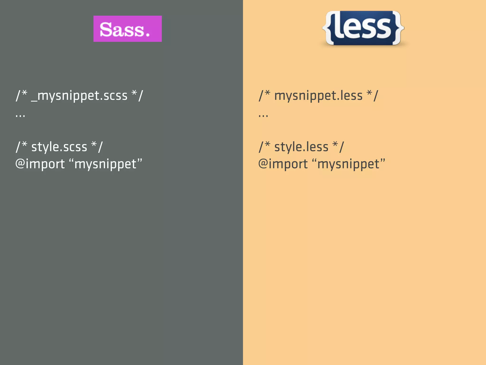 /* _mysnippet.scss */   /* mysnippet.less */
…                       …

/* style.scss */        /* style.less */
@import “mysnippet”     @import “mysnippet”
 