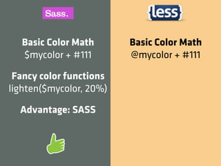 Basic Color Math       Basic Color Math
  $mycolor + #111        @mycolor + #111

 Fancy color functions
lighten($mycolor, 20%)

  Advantage: SASS
 
