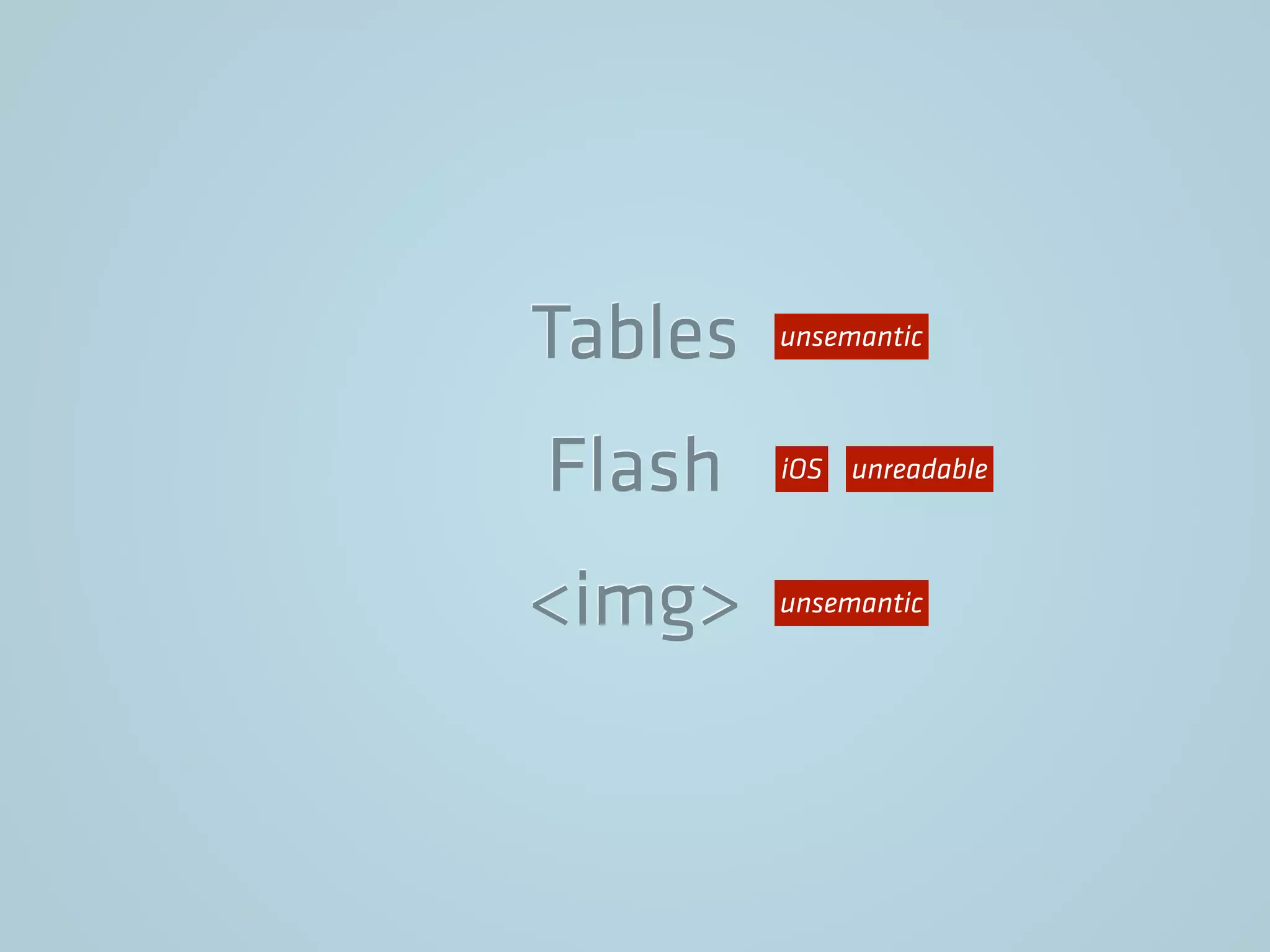 Tables
Flash
<img>
unsemantic
unsemantic
unreadableiOS
 