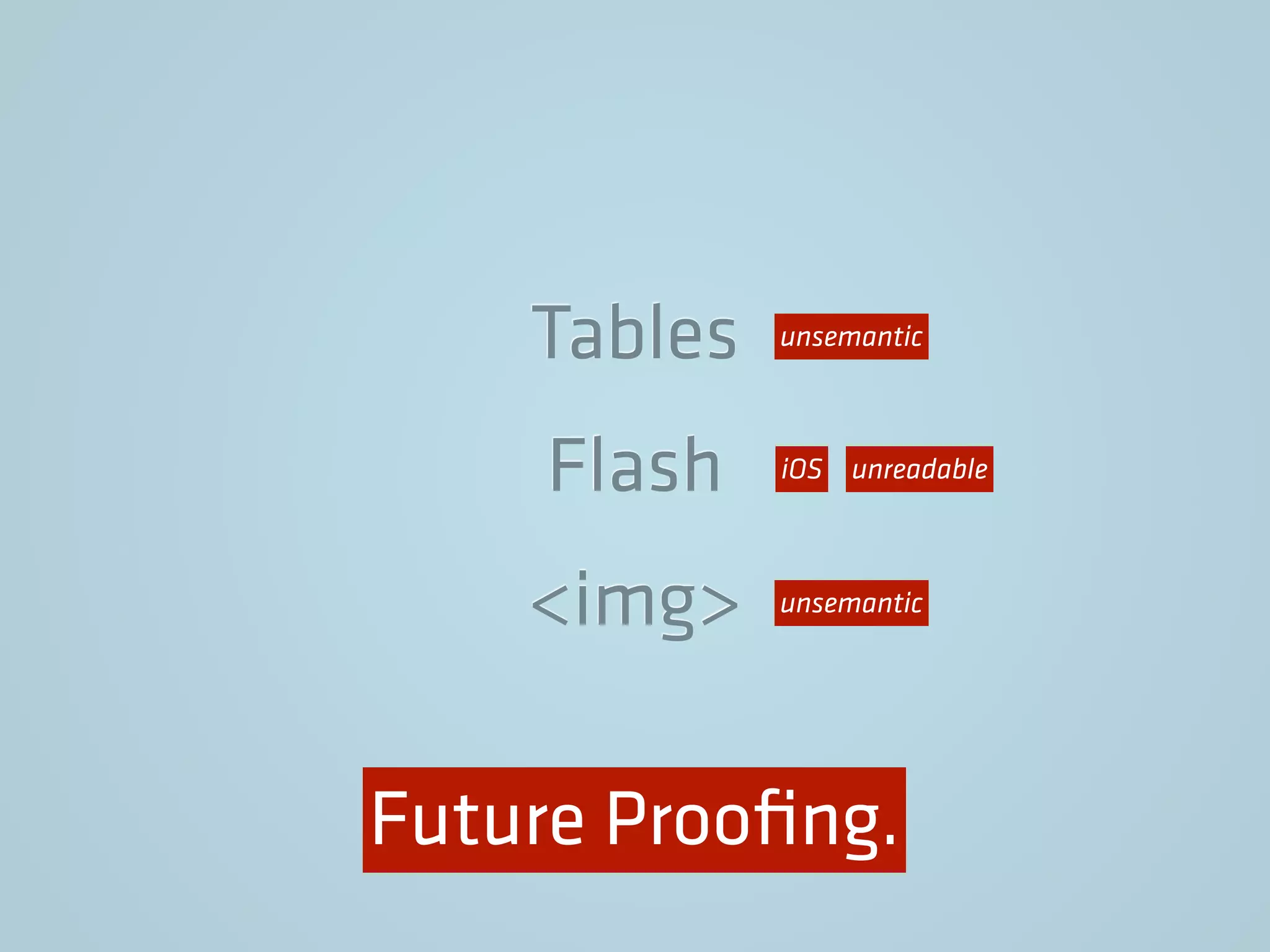 Tables
Flash
<img>
unsemantic
unsemantic
unreadableiOS
Future Prooﬁng.
 