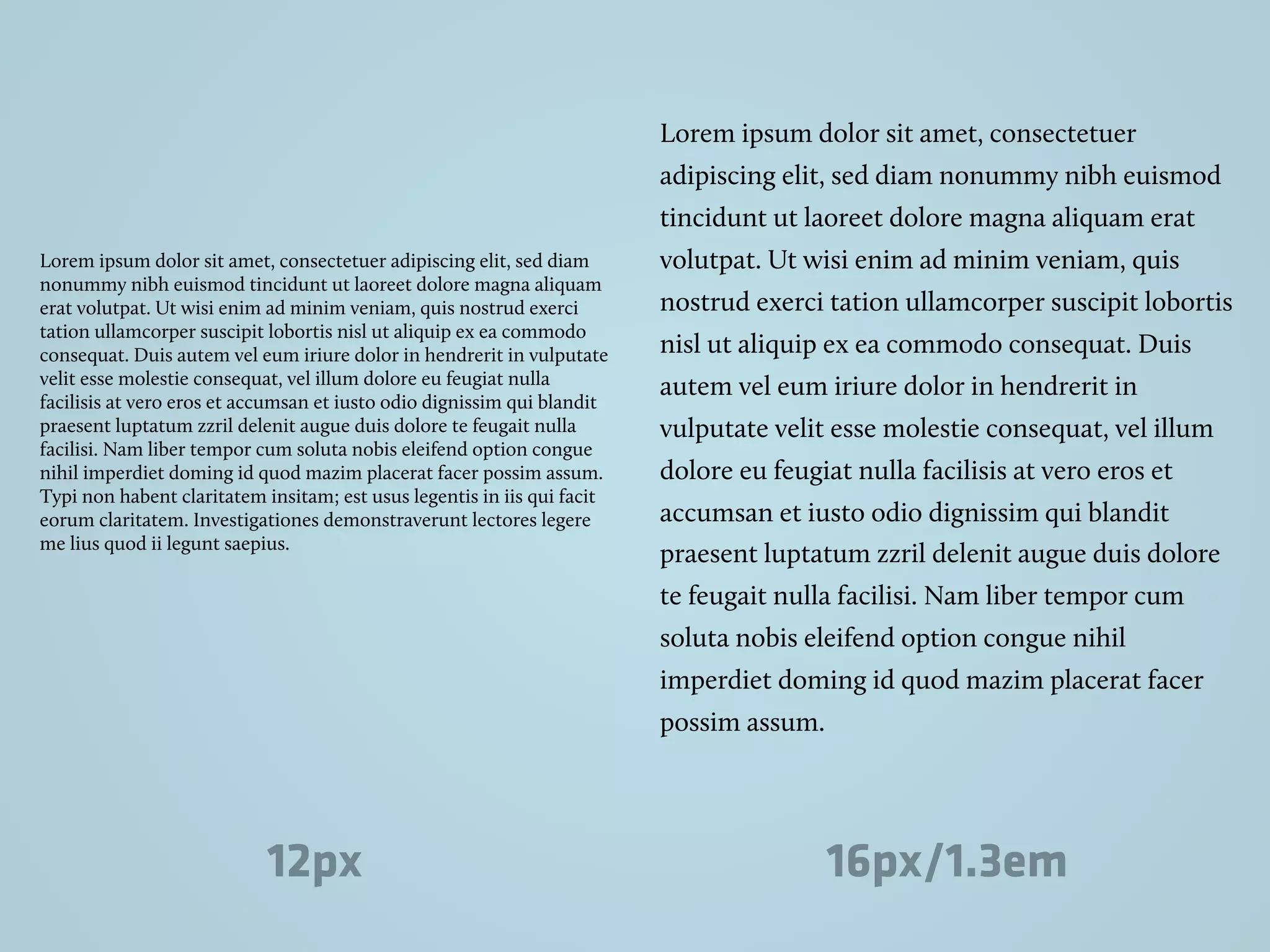 Lorem ipsum dolor sit amet, consectetuer adipiscing elit, sed diam
nonummy nibh euismod tincidunt ut laoreet dolore magna aliquam
erat volutpat. Ut wisi enim ad minim veniam, quis nostrud exerci
tation ullamcorper suscipit lobortis nisl ut aliquip ex ea commodo
consequat. Duis autem vel eum iriure dolor in hendrerit in vulputate
velit esse molestie consequat, vel illum dolore eu feugiat nulla
facilisis at vero eros et accumsan et iusto odio dignissim qui blandit
praesent luptatum zzril delenit augue duis dolore te feugait nulla
facilisi. Nam liber tempor cum soluta nobis eleifend option congue
nihil imperdiet doming id quod mazim placerat facer possim assum.
Typi non habent claritatem insitam; est usus legentis in iis qui facit
eorum claritatem. Investigationes demonstraverunt lectores legere
me lius quod ii legunt saepius.
Lorem ipsum dolor sit amet, consectetuer
adipiscing elit, sed diam nonummy nibh euismod
tincidunt ut laoreet dolore magna aliquam erat
volutpat. Ut wisi enim ad minim veniam, quis
nostrud exerci tation ullamcorper suscipit lobortis
nisl ut aliquip ex ea commodo consequat. Duis
autem vel eum iriure dolor in hendrerit in
vulputate velit esse molestie consequat, vel illum
dolore eu feugiat nulla facilisis at vero eros et
accumsan et iusto odio dignissim qui blandit
praesent luptatum zzril delenit augue duis dolore
te feugait nulla facilisi. Nam liber tempor cum
soluta nobis eleifend option congue nihil
imperdiet doming id quod mazim placerat facer
possim assum.
12px 16px/1.3em
 