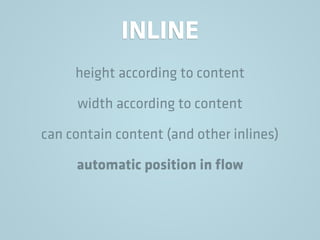 INLINE
height according to content
width according to content
can contain content (and other inlines)
automatic position in ﬂow
 