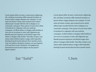 Lorem ipsum dolor sit amet, consectetuer adipiscing
elit, sed diam nonummy nibh euismod tincidunt ut
laoreet dolore magna aliquam erat volutpat. Ut wisi
enim ad minim veniam, quis nostrud exerci tation
ullamcorper suscipit lobortis nisl ut aliquip ex ea
commodo consequat. Duis autem vel eum iriure dolor
in hendrerit in vulputate velit esse molestie
consequat, vel illum dolore eu feugiat nulla facilisis at
vero eros et accumsan et iusto odio dignissim qui
blandit praesent luptatum zzril delenit augue duis
dolore te feugait nulla facilisi. Nam liber tempor cum
soluta nobis eleifend option congue nihil imperdiet
doming id quod mazim placerat facer possim assum.
Typi non habent claritatem insitam; est usus legentis
in iis qui facit eorum claritatem. Investigationes
demonstraverunt lectores legere me lius quod ii
legunt saepius.
Lorem ipsum dolor sit amet, consectetuer adipiscing
elit, sed diam nonummy nibh euismod tincidunt ut
laoreet dolore magna aliquam erat volutpat. Ut wisi
enim ad minim veniam, quis nostrud exerci tation
ullamcorper suscipit lobortis nisl ut aliquip ex ea
commodo consequat. Duis autem vel eum iriure dolor
in hendrerit in vulputate velit esse molestie
consequat, vel illum dolore eu feugiat nulla facilisis at
vero eros et accumsan et iusto odio dignissim qui
blandit praesent luptatum zzril delenit augue duis
dolore te feugait nulla facilisi. Nam liber tempor cum
soluta nobis eleifend option congue nihil imperdiet
doming id quod mazim placerat facer possim assum.
Set “Solid” 1.3em
 