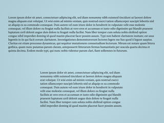 Lorem ipsum dolor sit amet, consectetuer adipiscing elit, sed diam nonummy nibh euismod tincidunt ut laoreet dolore
magna aliquam erat volutpat. Ut wisi enim ad minim veniam, quis nostrud exerci tation ullamcorper suscipit lobortis nisl
ut aliquip ex ea commodo consequat. Duis autem vel eum iriure dolor in hendrerit in vulputate velit esse molestie
consequat, vel illum dolore eu feugiat nulla facilisis at vero eros et accumsan et iusto odio dignissim qui blandit praesent
luptatum zzril delenit augue duis dolore te feugait nulla facilisi. Nam liber tempor cum soluta nobis eleifend option
congue nihil imperdiet doming id quod mazim placerat facer possim assum. Typi non habent claritatem insitam; est usus
legentis in iis qui facit eorum claritatem. Investigationes demonstraverunt lectores legere me lius quod ii legunt saepius.
Claritas est etiam processus dynamicus, qui sequitur mutationem consuetudium lectorum. Mirum est notare quam littera
gothica, quam nunc putamus parum claram, anteposuerit litterarum formas humanitatis per seacula quarta decima et
quinta decima. Eodem modo typi, qui nunc nobis videntur parum clari, ﬁant sollemnes in futurum.
Lorem ipsum dolor sit amet, consectetuer adipiscing elit, sed diam
nonummy nibh euismod tincidunt ut laoreet dolore magna aliquam
erat volutpat. Ut wisi enim ad minim veniam, quis nostrud exerci
tation ullamcorper suscipit lobortis nisl ut aliquip ex ea commodo
consequat. Duis autem vel eum iriure dolor in hendrerit in vulputate
velit esse molestie consequat, vel illum dolore eu feugiat nulla
facilisis at vero eros et accumsan et iusto odio dignissim qui blandit
praesent luptatum zzril delenit augue duis dolore te feugait nulla
facilisi. Nam liber tempor cum soluta nobis eleifend option congue
nihil imperdiet doming id quod mazim placerat facer possim assum.
 