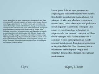 Lorem ipsum dolor sit amet, consectetuer adipiscing elit, sed diam
nonummy nibh euismod tincidunt ut laoreet dolore magna aliquam
erat volutpat. Ut wisi enim ad minim veniam, quis nostrud exerci
tation ullamcorper suscipit lobortis nisl ut aliquip ex ea commodo
consequat. Duis autem vel eum iriure dolor in hendrerit in vulputate
velit esse molestie consequat, vel illum dolore eu feugiat nulla
facilisis at vero eros et accumsan et iusto odio dignissim qui blandit
praesent luptatum zzril delenit augue duis dolore te feugait nulla
facilisi. Nam liber tempor cum soluta nobis eleifend option congue
nihil imperdiet doming id quod mazim placerat facer possim assum.
Typi non habent claritatem insitam; est usus legentis in iis qui facit
eorum claritatem. Investigationes demonstraverunt lectores legere
me lius quod ii legunt saepius.
Lorem ipsum dolor sit amet, consectetuer
adipiscing elit, sed diam nonummy nibh euismod
tincidunt ut laoreet dolore magna aliquam erat
volutpat. Ut wisi enim ad minim veniam, quis
nostrud exerci tation ullamcorper suscipit lobortis
nisl ut aliquip ex ea commodo consequat. Duis
autem vel eum iriure dolor in hendrerit in
vulputate velit esse molestie consequat, vel illum
dolore eu feugiat nulla facilisis at vero eros et
accumsan et iusto odio dignissim qui blandit
praesent luptatum zzril delenit augue duis dolore
te feugait nulla facilisi. Nam liber tempor cum
soluta nobis eleifend option congue nihil
imperdiet doming id quod mazim placerat facer
possim assum.
12px 16px/1.3em
 
