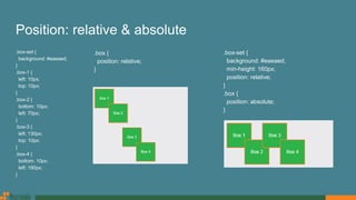 Position: relative & absolute
.box-set {
background: #eaeaed;
}
.box-1 {
left: 10px;
top: 10px;
}
.box-2 {
bottom: 10px;
left: 70px;
}
.box-3 {
left: 130px;
top: 10px;
}
.box-4 {
bottom: 10px;
left: 190px;
}
.box-set {
background: #eaeaed;
min-height: 160px;
position: relative;
}
.box {
position: absolute;
}
.box {
position: relative;
}
 