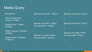 Media Query
@media (max-width: 1199px) {
}
@media (min-width: 1025px)
and (max-width: 1199px) {
}
@media (min-width: 992px)
and (max-width: 1024px) {
}
@media (max-width: 991px) {
}
@media (max-width: 767px) {
}
@media (min-width: 576px)
and (max-width: 767px) {
}
Breakpoints:
Extra small devices /
Phones: (<768px)
Small devices / Tablets:
(≥768px)
Medium devices / Desktops:
(≥992px)
Large devices / Desktops:
(≥1200px)
 