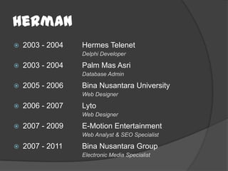Herman
   2003 - 2004   Hermes Telenet
                  Delphi Developer

   2003 - 2004   Palm Mas Asri
                  Database Admin

   2005 - 2006   Bina Nusantara University
                  Web Designer

   2006 - 2007   Lyto
                  Web Designer

   2007 - 2009   E-Motion Entertainment
                  Web Analyst & SEO Specialist

   2007 - 2011   Bina Nusantara Group
                  Electronic Media Specialist
 